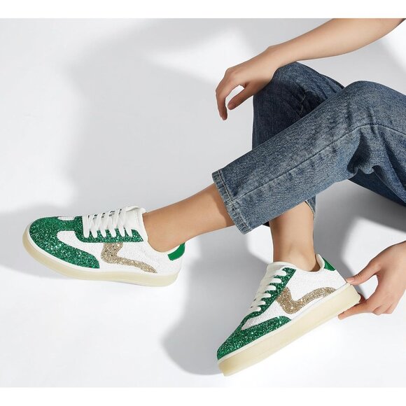 Lucky Step Women Green Sparkly Bling Shiny Dressy Bedazzled Bridal Sneakers - Picture 8 of 9